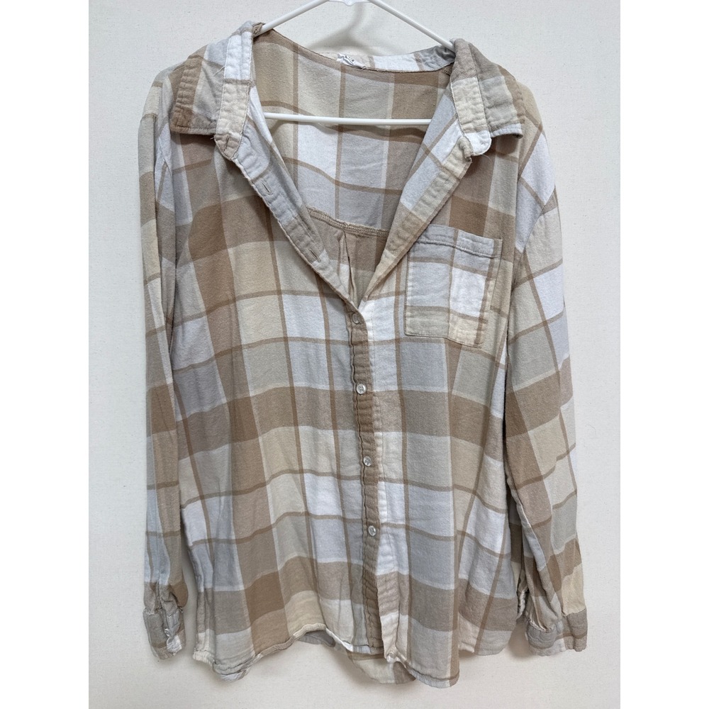 Cotton On Tan White Plaid Flannel Button Down Shirt Large L Long Sleeve Pocket